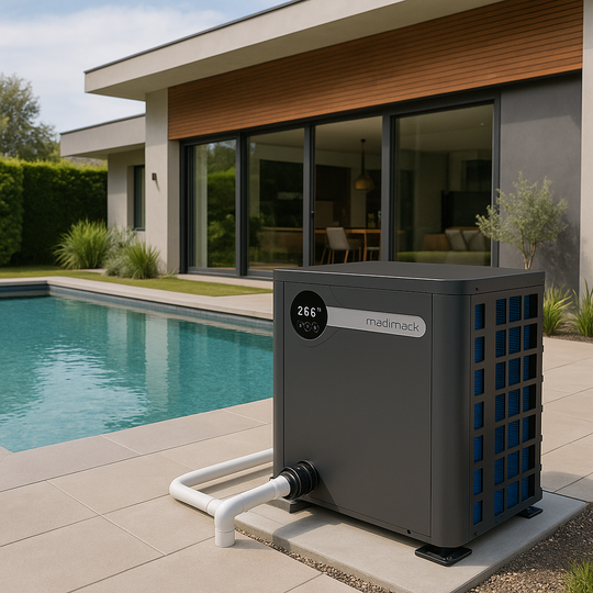 Pool heater next to a modern house with a pool